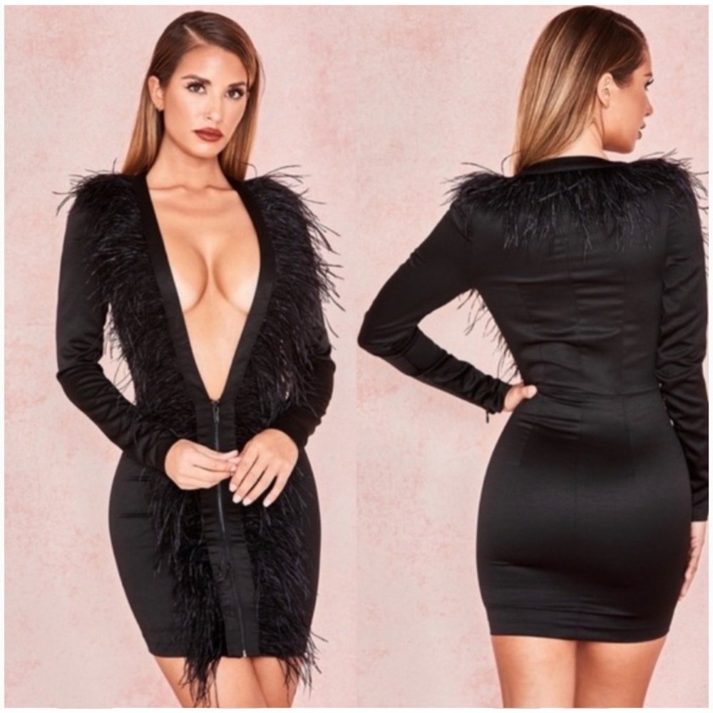 House of CB Tara Black Feather Trim Mini Dress‎ XS SB4300 Ostrich Trim Bodycon
